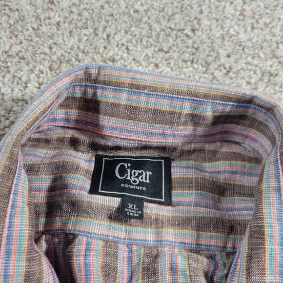 Cigar Couture Shirt Mens XL Linen Striped Long Sleeve Colorful Button Up Beachy - Picture 2 of 9